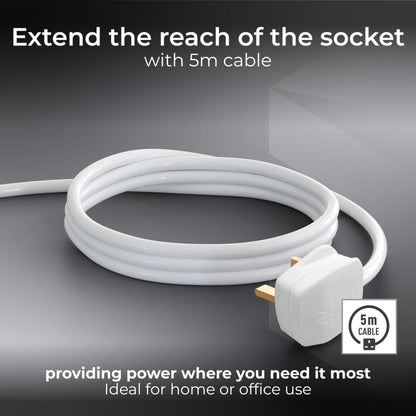 Masterplug Four Socket Extension Lead, Unswitched, 5 Metre Cable, 4-Way Plug Extension Cable, Power Strip, Basic Power, White, 13A, 4G, 5m, BFG5N