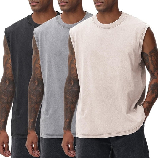 SnowElve 3 Pack Mens Workout Tank Tops Sleeveless Tee Shirts Men Muscle Shirt Gym Acid Wash T Shirts Running Beach Loose Fit Tee(ACGYBK,XL)