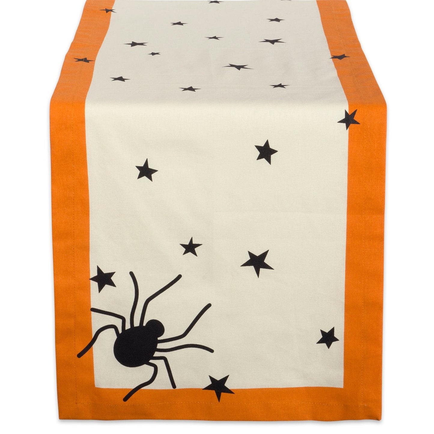 DII Halloween Tabletop Collection Bold Black Stars/Spooky Spider with Orange Border on Off-White Natural Background, Machine Washable, 14x72 Table Runner