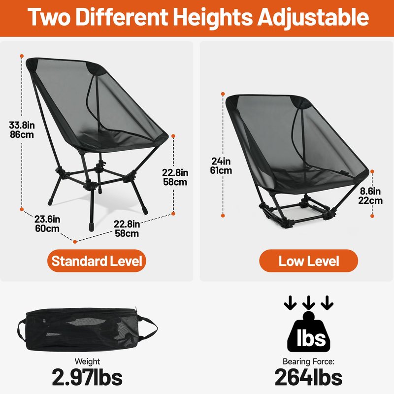 喜马拉雅 Himalaya Ultralight Beach Chair, 2 Heights Lightweight Camping Chair, Folding Mesh Backpacking Chairs, Portable Compact Camp Chairs for Hiking Picnic Lawn Festival Outdoor
