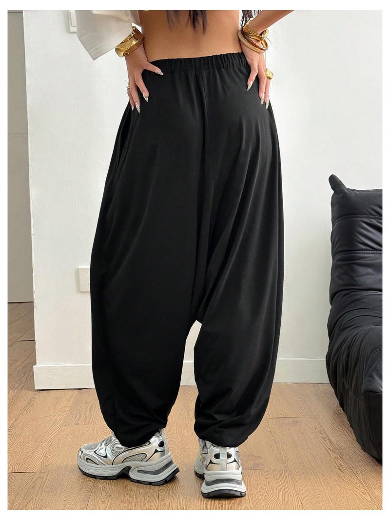 RoseSeek Women's Hippie Baggy Harem Pants Drawstring Waist Drop Crotch Trousers Asymmetrical Wrap Streetwear Black X-Large
