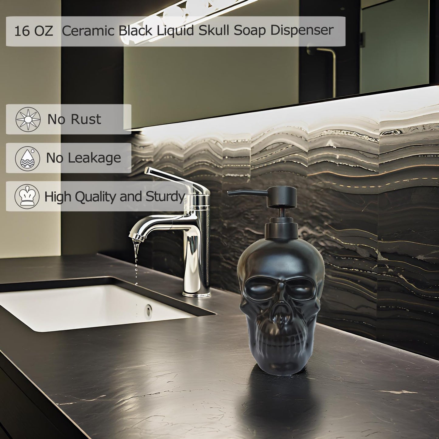 Caahanjia Ceramic Skull Soap Dispenser, Refillable Halloween Liquid Hand Soap Dispenser for Bathroom and Kitchen, Halloween Skull - Black