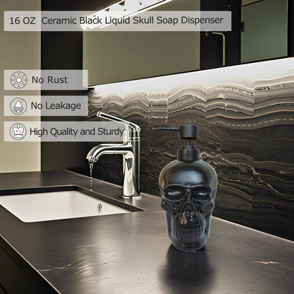 Caahanjia Ceramic Skull Soap Dispenser, Refillable Halloween Liquid Hand Soap Dispenser for Bathroom and Kitchen, Halloween Skull - Black