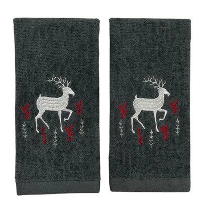 Holiday Christmas Cotton Towels: Noble Reindeer Buck Deer Design, Gray Silver Red White, Set of 2