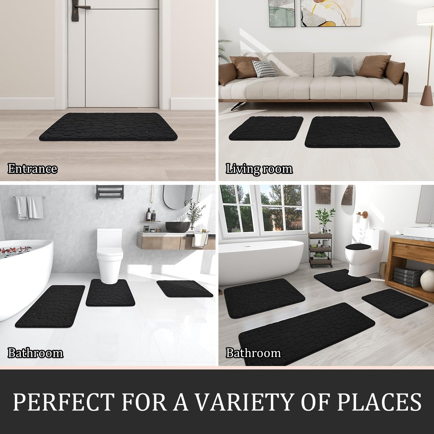 YIHOUSE Bathroom Rugs Mat Set 2 Piece Black, Memory Foam Bath Mats Sets, Non Slip Water Absorbent Washable Bath Rugs for Sink, Toilet and Floor