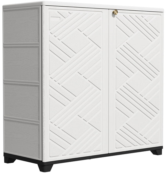 KINYING Outdoor Storage Cabinet Waterproof, 60 Gallon Resin Outdoor Storage Shed for Patio/Garden/Backyard, Outdoor Storage Box for Cushions,Garden Tools and Pool Supplies(White with 1 Shelving)