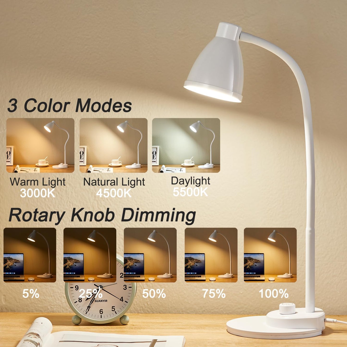 BOHON LED Table Lamp with USB Charging Port, 3 Color Modes Dimmable Reading Lamp, Automatic Dimming Task Lamp, Flexible Goose Neck Table Lamp for Dorm Bedside Table with Adapter, White