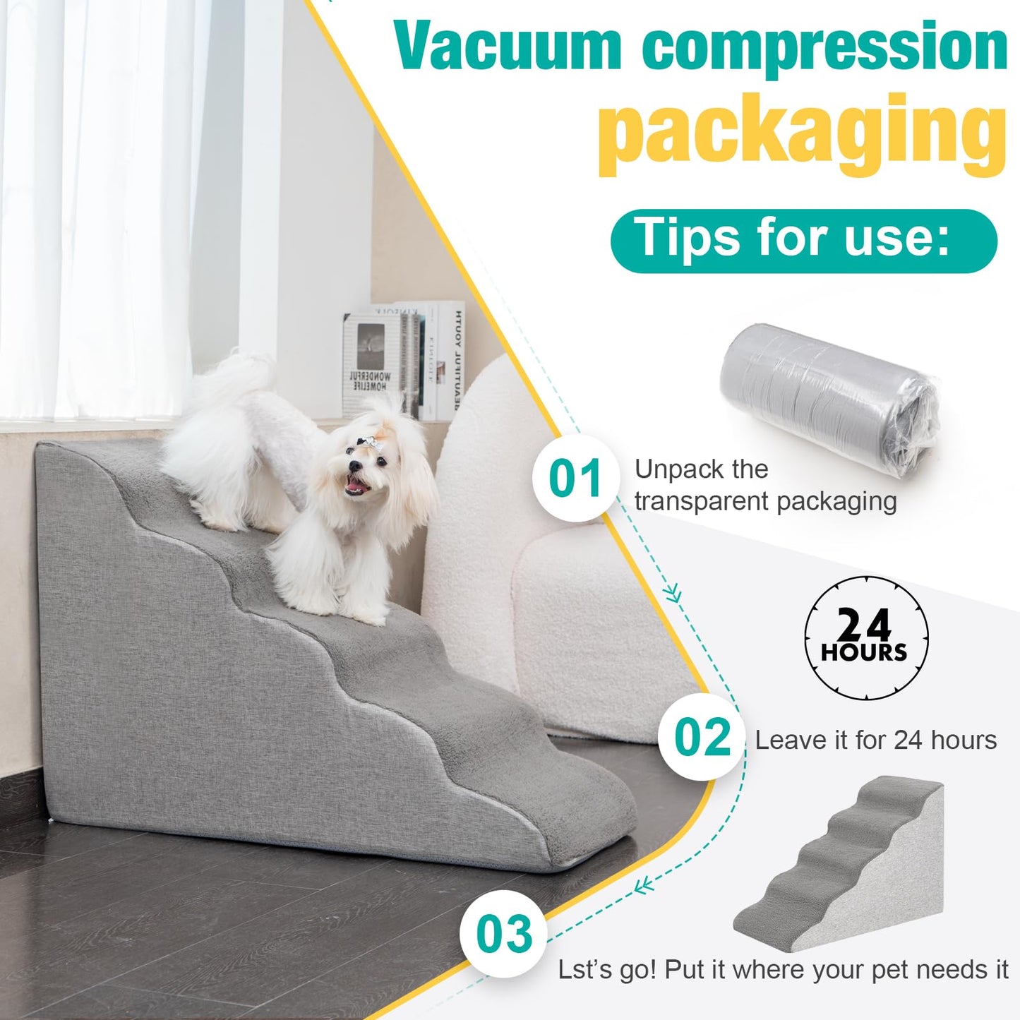 Uross Dog Stairs for Small Dogs- Dog Steps Stairs Ramps for High Bed Couch, High Density Foam Pet Steps Stairs for Dogs to Get on Bed, 5 Tiers Cat Doggy Steps Ramps for Joint Pain Dog(Gray)