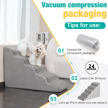 Uross Dog Stairs for Small Dogs- Dog Steps Stairs Ramps for High Bed Couch, High Density Foam Pet Steps Stairs for Dogs to Get on Bed, 5 Tiers Cat Doggy Steps Ramps for Joint Pain Dog(Gray)