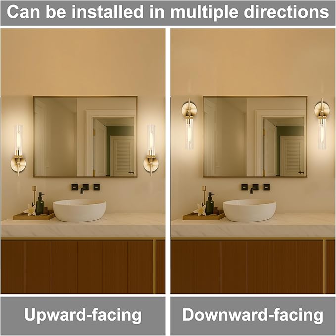Gold Bathroom Light Fixtures Over Mirror, Vanity Lights Set of 2 with Knurled Texture, Brushed Gold Wall Sconces with Clear Glass Shade, Modern Industrial Bathroom Lighting for Bedroom, Living Room