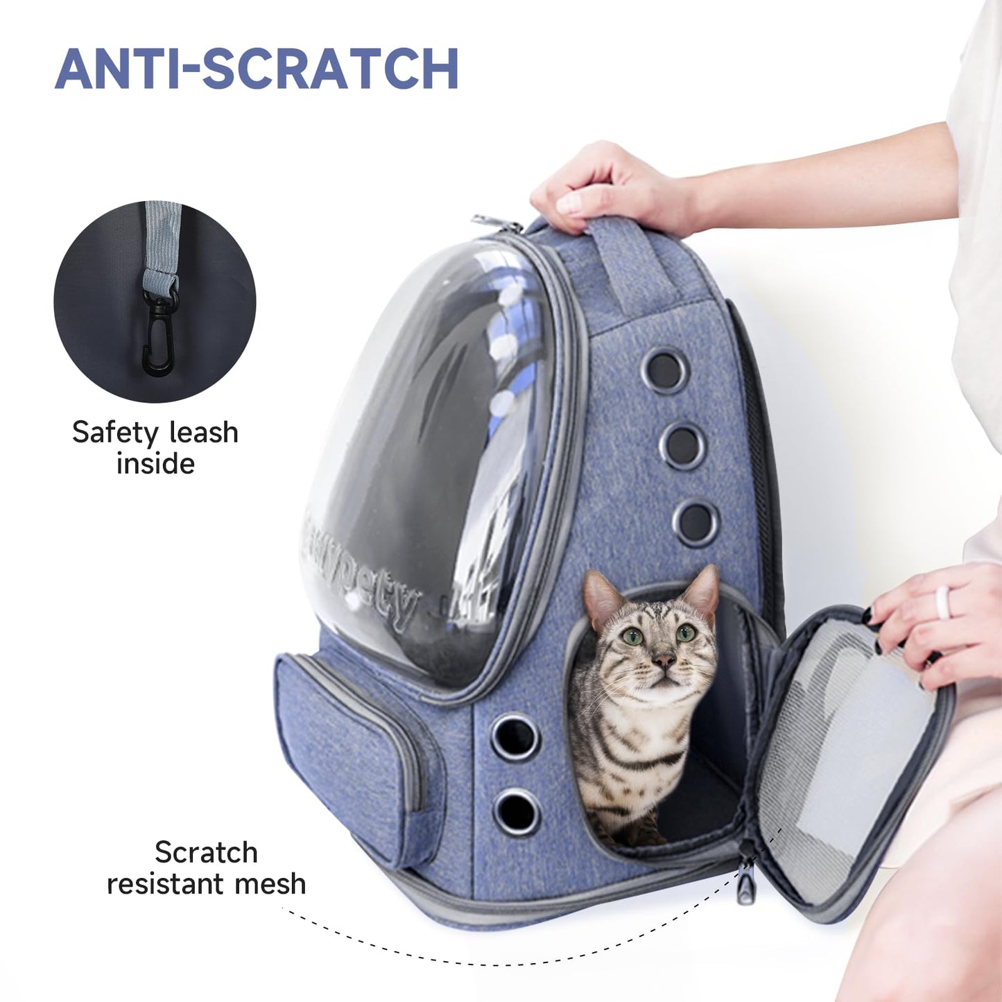 Cawypety Cat Backpack Carrier, Breathable Cat Carrier Large Space Bubble Pet Backpack for Kitty Small Dog up to 12lbs, Transparent & Foldable Pet Carrier for Travel Hiking (Blue