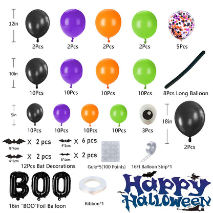 DBKL Halloween Balloons Garland Arch Kit with BOO Foil Balloon Spider Balloon Black Orange Purple Fruit Green Confetti Balloons for Halloween Party Decorations