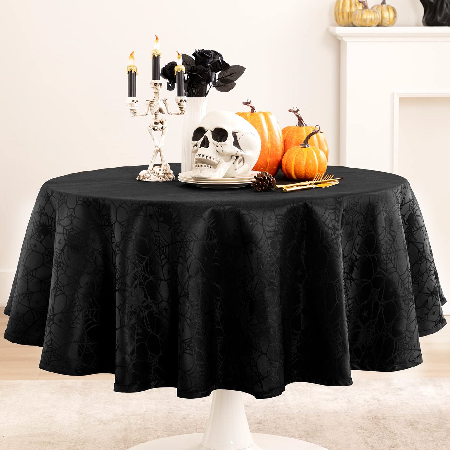 joybest Halloween Round Tablecloth - 60 Inch Black Spider Web Table Cloth Spillproof Fabric Table Cover for Dining Party, Halloween Decorations