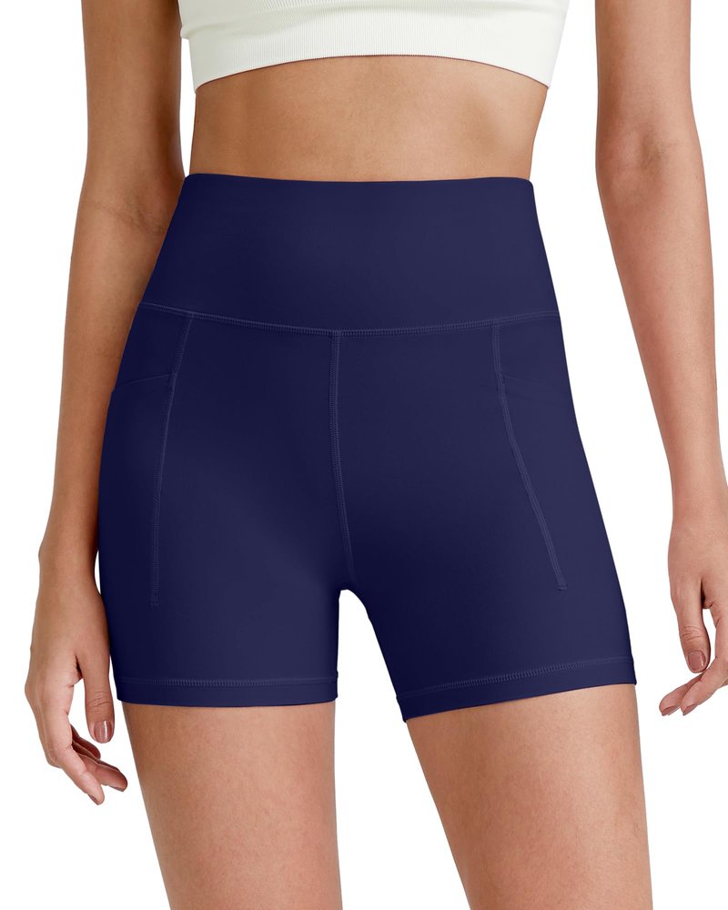 G4Free Womens BareFeel Biker Shorts 4/6 Inches High Waisted Workout Running Volleyball Spandex Yoga Shorts(Dark Navy,4",M)