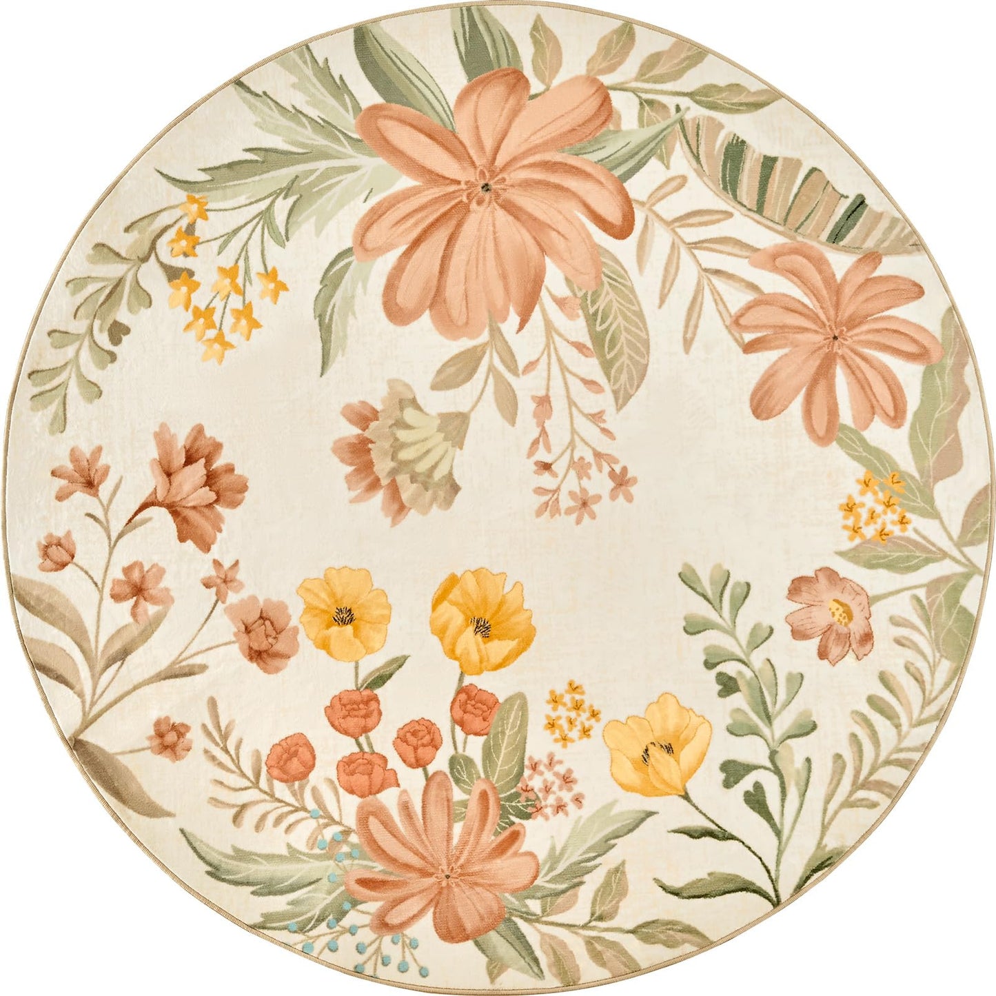 jinchan 4ft Round Floral Area Rug for Entryway - Washable Soft Non-Slip Flower Rug Circle 4' Round Accent Rug for Living Room Bedroom Dining Room Coral Pink on Beige