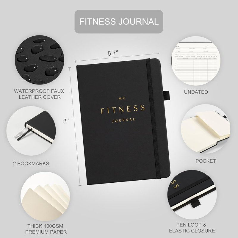 Workout and Food Journal - Fitness Tracker & Exercise Log Book | A5 Size, Leather Hardcover (Black)