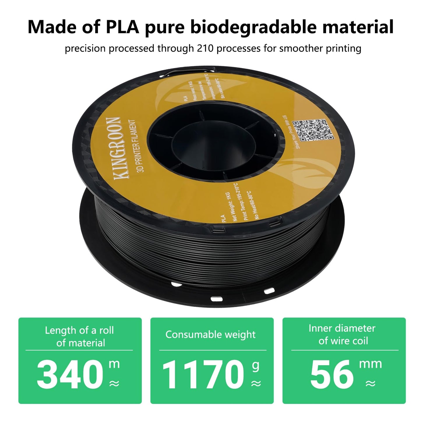 Kingroon 1.75 mm Black PLA Filament, 1kg Spool, 3D Printer Filament, Polylactic Acid, 1000g