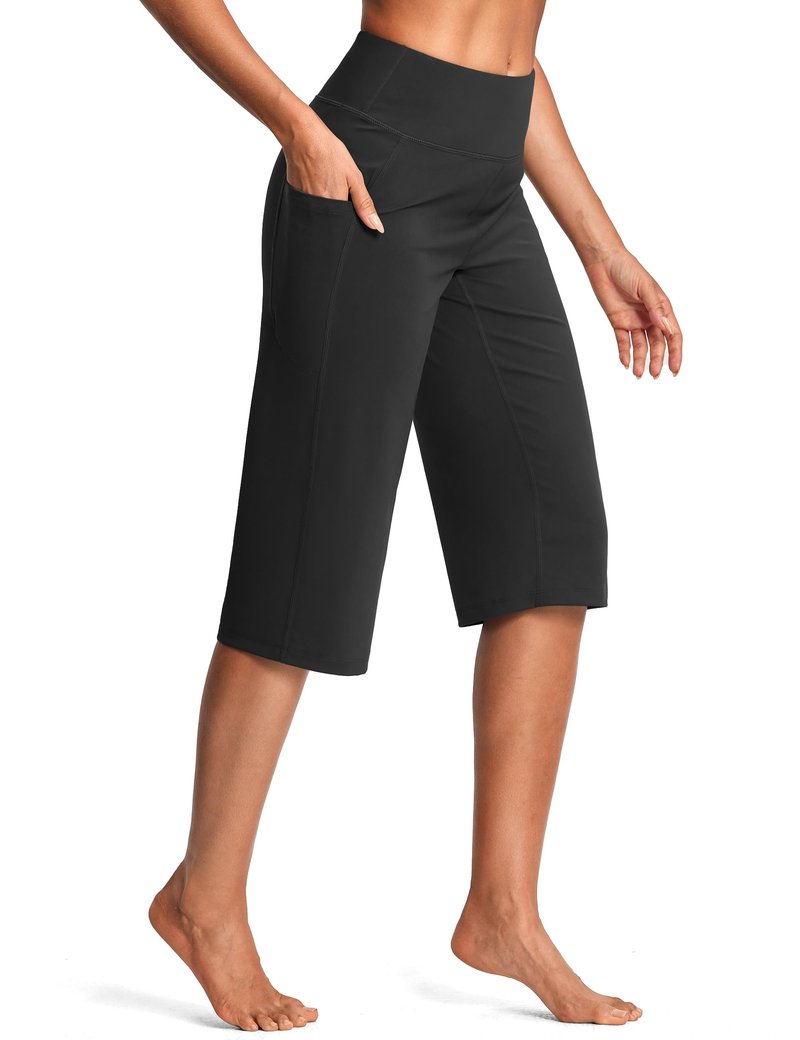 ISEEGZ 18" Capri Pants for Women High Waist with Pockets Women's Capris Workout Yoga Pants Loose Straight Leg Black