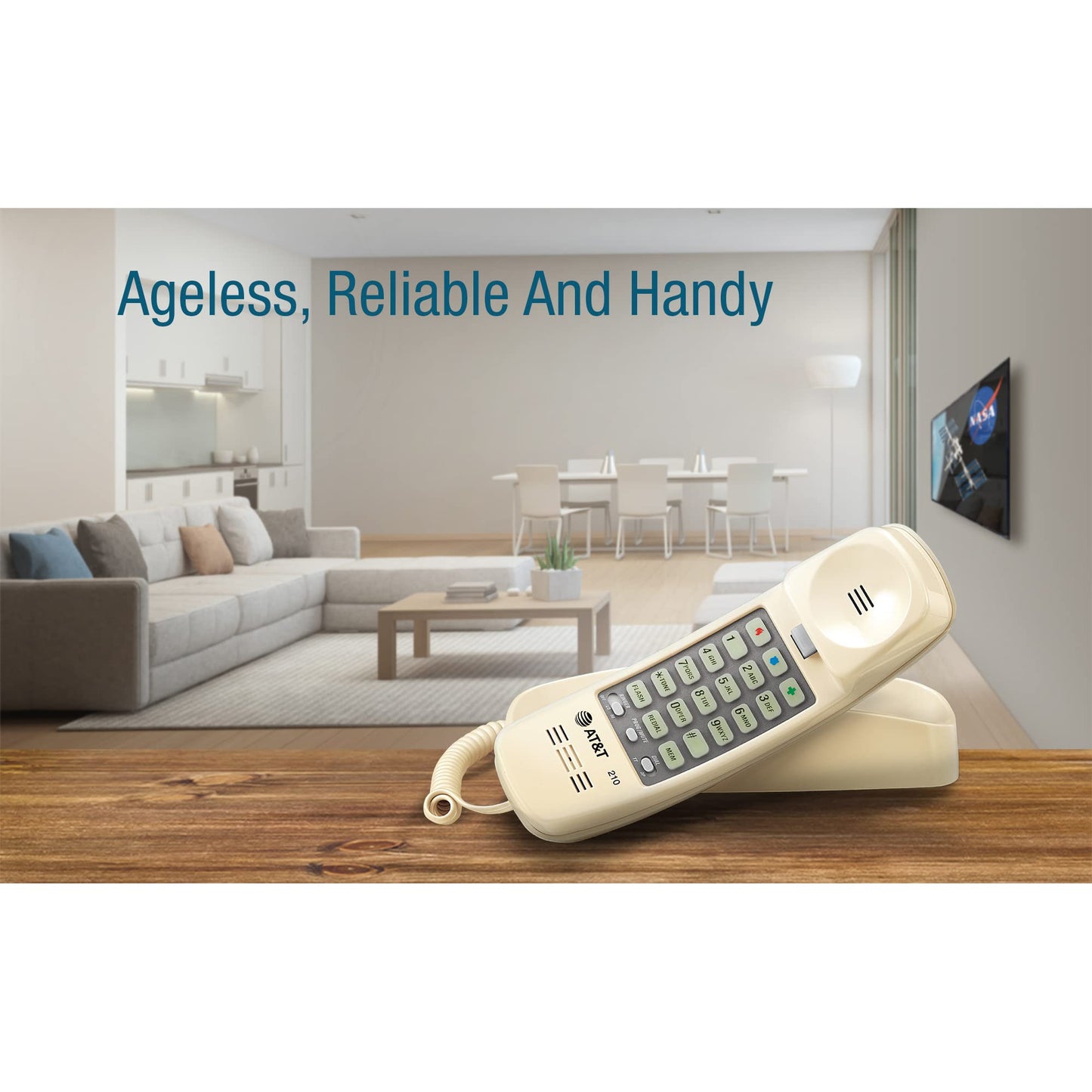 AT&T TRIMLINE 210 Corded Home Phone, No AC Power Required, Improved Easy-Wall-Mount, Lighted Big Button Keypad, 13 SpeedDial Keys, Last Number Redial, Mute, Flash, Volume Control, Beige