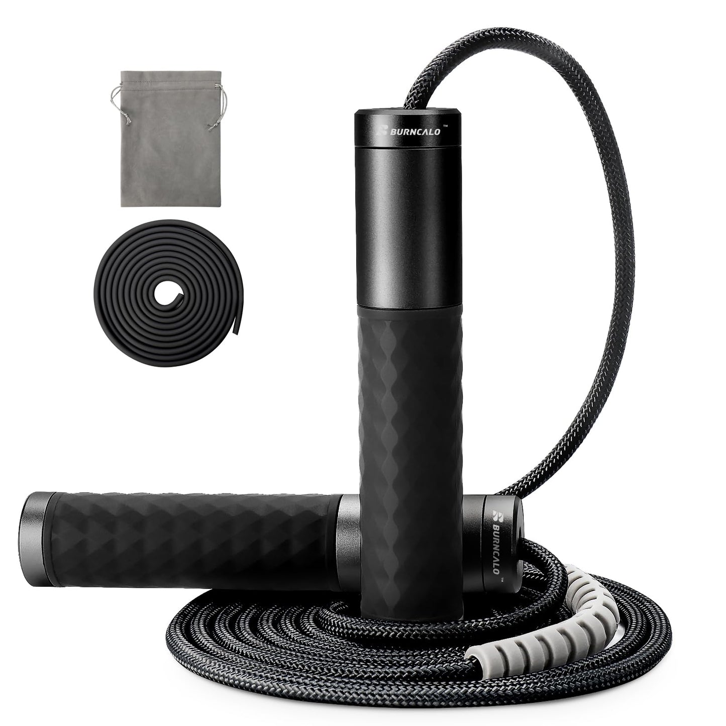 BURNCALO Weighted Jump Rope for Fitness, Skipping Rope for Men Women, Metal Heavy Handles, Ball bearings, Adjustable Length PVC Cord and Cotton Rope, Endurance Training Fitness Exercise Workout