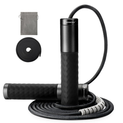 BURNCALO Weighted Jump Rope for Fitness, Skipping Rope for Men Women, Metal Heavy Handles, Ball bearings, Adjustable Length PVC Cord and Cotton Rope, Endurance Training Fitness Exercise Workout