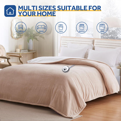 Sealy Electric Blanket Throw Size 50"*60",Super Cozy Flannel to Sherpa Reversible Heated Blanket Throw with 6 Heating Levels & 2-10 Hours Auto Off Overheating Protection Machine Washable,Beige