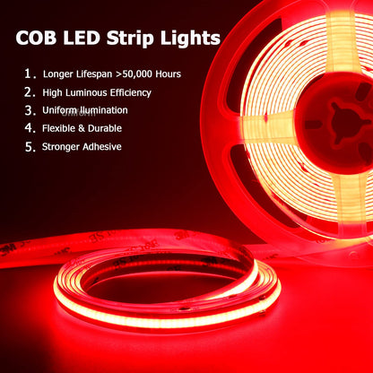 TOPAI 12V COB LED Strip Lights 5M Red IP65 Outdoor Waterproof Dotless Self Adhesive 480LEDs/M High Density Cuttable Flexible for Cabinet Home Car DIY Lighting Projects