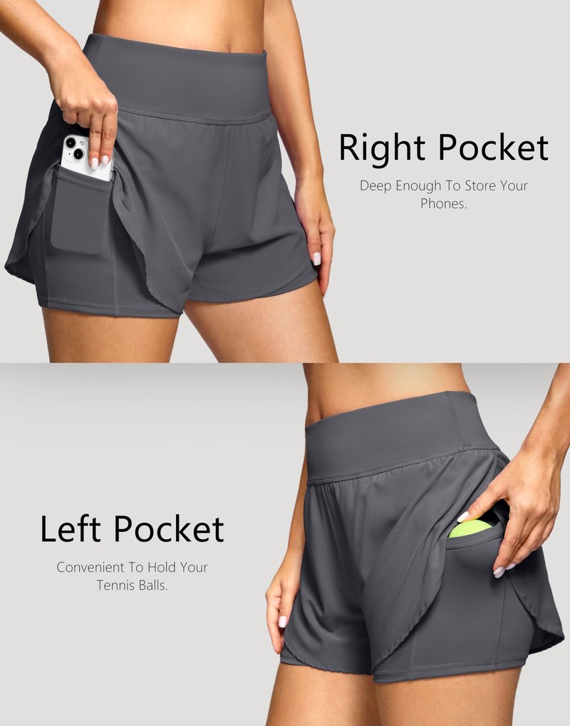 Soothfeel Women's 2 in 1 Running Shorts - High Waisted Lightweight Athletic Workout Gym Yoga Shorts Spandex Liner with Pockets Dark_Grey M