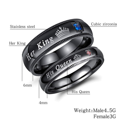 2Pcs Black Stainless Steel His Queen & Her King Couples Rings Set Wedding Engagement Band (Male Size 9 & Female Size 5)