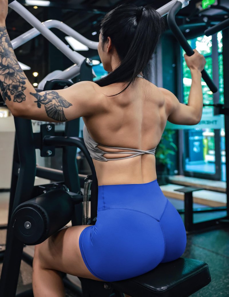 YEOREO Women's Biker Shorts 3.6" / 4.5" / 6" Workout Gym Shorts High Waist Tummy Control Hidden Scrunch Running Yoga Blue