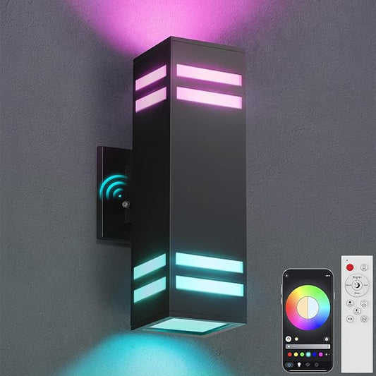 Smart Outdoor Wall Lights, RGBCW Dusk to Dawn Exterior Light Fixture Color Changing Porch Lights with Remote Control, Waterproof Square Outdoor Sconce Lights Works with Alexa Google Assistant