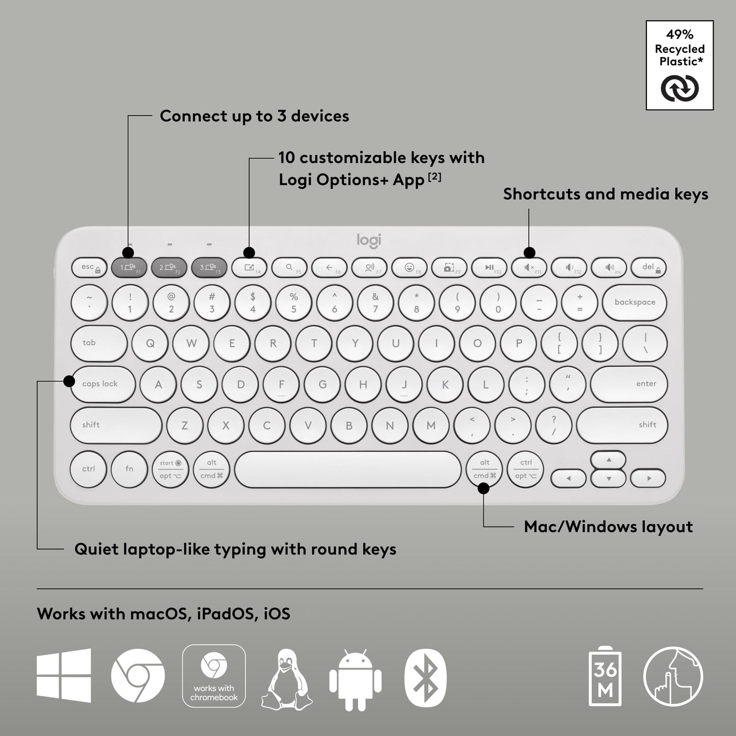 Logitech Pebble Keys 2 K380s, Multi-Device Bluetooth Wireless Keyboard with Customizable Shortcuts, Slim and Portable, Easy-Switch for Windows, macOS, iPadOS, Android, Chrome OS - Tonal Graphite
