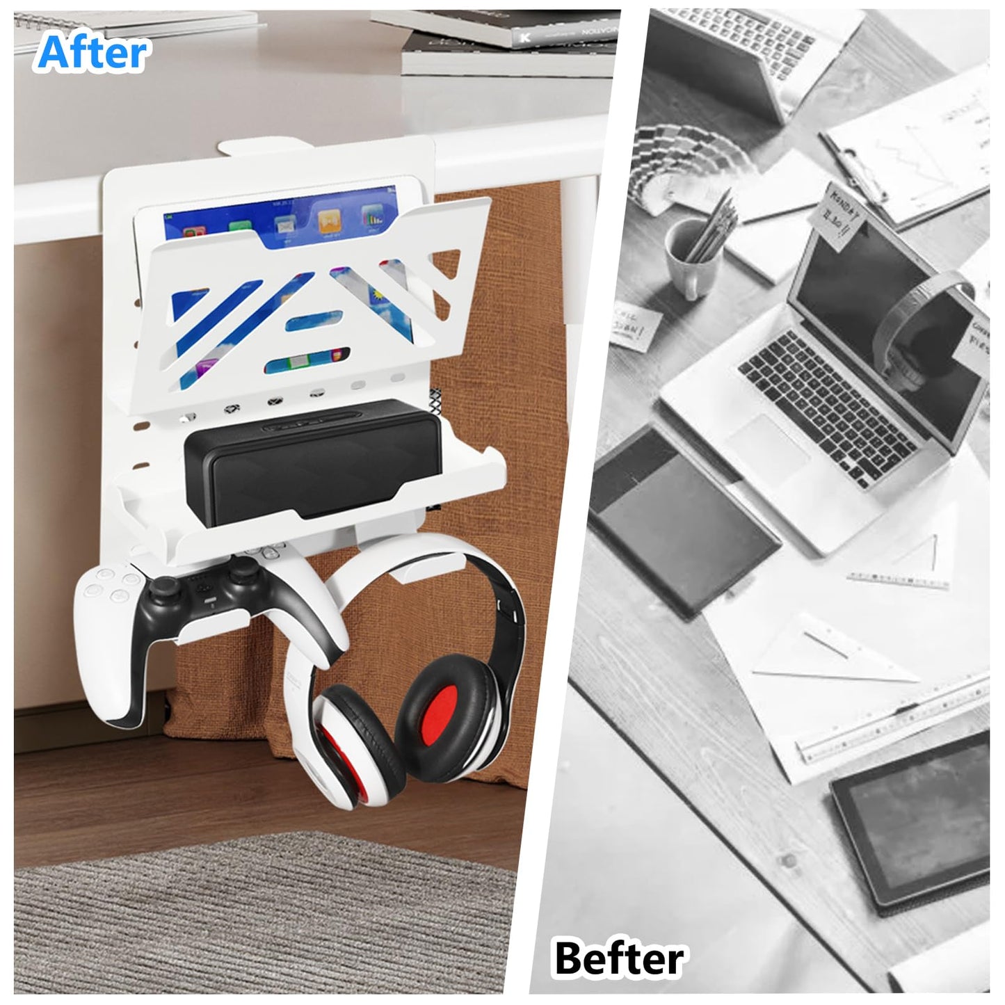 MAXECHO Desk Side Storage, Under Desk Laptop Mount, Table Side Hanging File Organizer, No Drill Clamp On Cable Management Tray, Laptop Holder with Magnetic Pen Holder for Office and Home, Load 22 Lbs