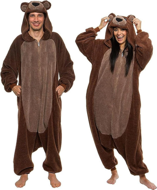 Funziez! Sherpa Bear Adult Onesie - Animal Halloween Costume - Plush Teddy One Piece Cosplay Suit for Adults, Women and Men(Brown, XX-Large)