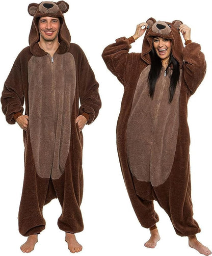 Funziez! Sherpa Bear Adult Onesie - Animal Halloween Costume - Plush Teddy One Piece Cosplay Suit for Adults, Women and Men(Brown, X-Large)