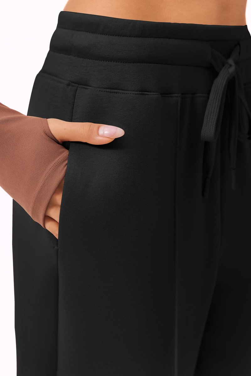 PINSPARK Women Wide Leg Sweatpants Elastic High Waisted Drawstring Casual Pants Straight Leg Long Pant with Pockets Black M