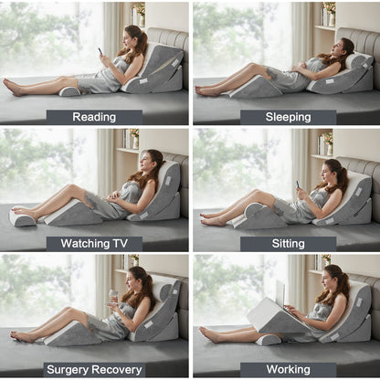 Ganaver 4pcs Orthopedic Bed Wedge Pillow Set Post Surgery Relaxing Back Adjustable Head Support Cushion Triangle Memory Foam Pillow for Acid Reflux Sleeping Reading Leg Elevation Snoring