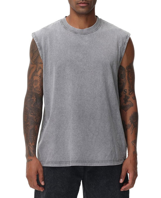 Mens Workout Tank Tops Sleeveless Tee Shirts Men Muscle Shirt Gym Acid Wash T Shirts Running Beach Loose Fit Tee(GY,S) Grey