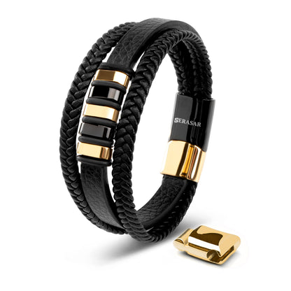 SERASAR Leather Wristbands for Mens 23cm Gold Bracelet GiftBox Genuine Cowhide Braided AdjustAble Magnetic Clasp MultiLayer Wrap Mens Bracelets Band Jewelry Magnet Accessories