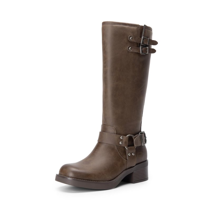 DREAM PAIRS Women's Knee High Boots Side Zipper Motorcycle Boots Square Toe Chunky Low Heel Fashion Buckles Biker Riding Boots,Size 8,Brown-Nubuck,SDKB2412W