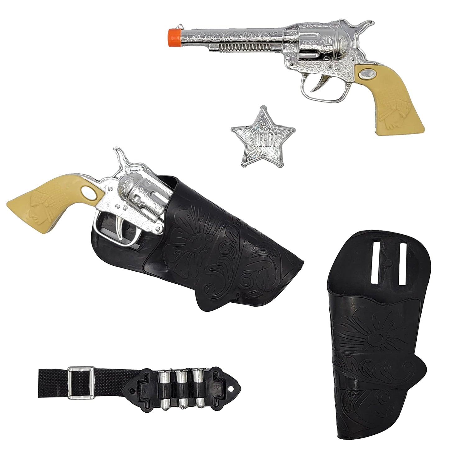 The Dreidel Company Kids Cowboy Toy Gun Holster & Belt 9 Piece Set. 2 Toy Pistols, 1 Sheriff Badge, 2 Gun Holsters & 3 Play Bullets, 1 Old Western Action Belt for Sheriff - Adjustable for Halloween