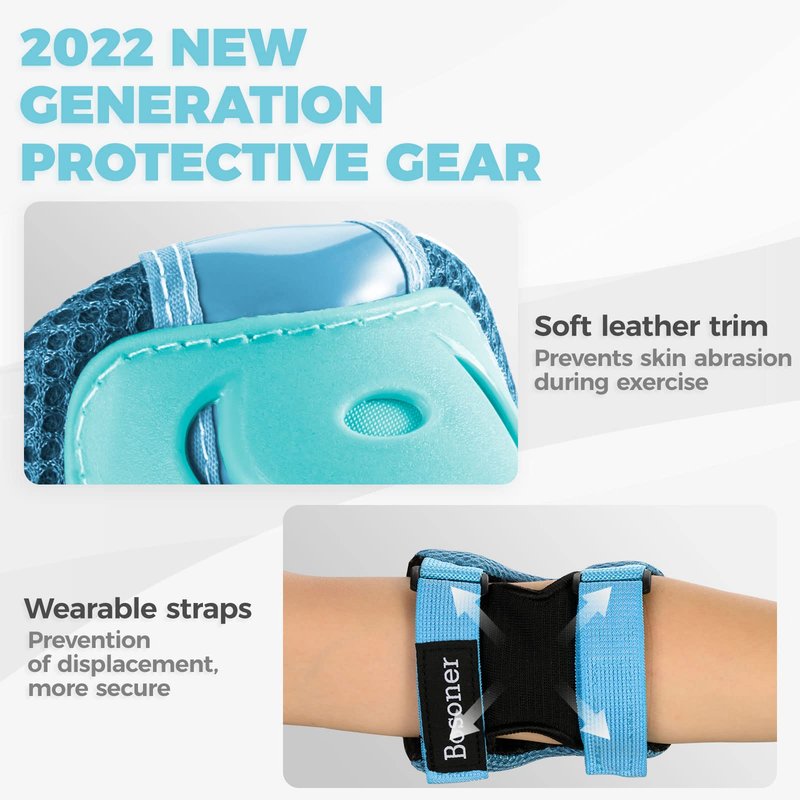 BOSONER Knee Pads for Kids Roller-Skating - Adjustable Protective Gear Set Knee Elbow Pads Wrist Guards for Bike Cycling Skateboarding Scooter Gifts 3-8 / 9-15 Years Boys Girls(Blue)