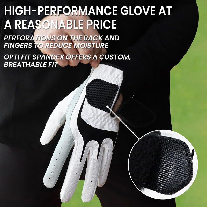 FINGER TEN Premium Golf Gloves Men Cabretta Leather Value 3 Pack for Right Left Handed Golfers, All Weather Grip Comfortable Glove Size S M ML L XL for Left Right Hand (White-3 Pack, Large, Left)