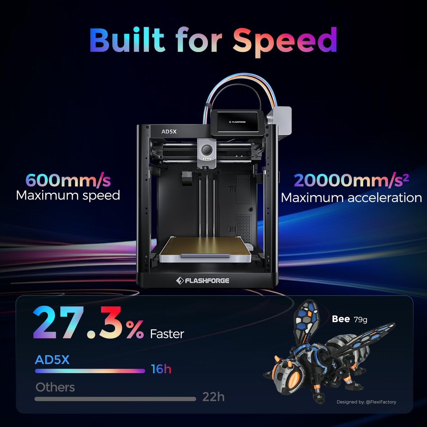 Flashforge Adventurer 5X 3D Printer with Multi-Color Flexible TPU Printing,Max speed: 600mm/s,Acceleration: 20,000mm/s,Auto 4kg filament refill,Full-auto leveling,Compact integrated design
