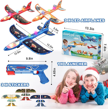 3 Pack Foam Airplane Launcher Toy with 3 DIY Stickers, 12.6" Glider Led Plane, Catapult Plane Boy Toys, Outdoor Sport Flying Toys for Kids Birthday Gifts for 4 5 6 7 8 9 10 11 12 Year Old Boys Girls