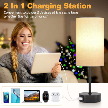 STANBOW Bedside Lamps, Touch Lamp Bedside with USB A+C Charging Ports, 3-Way Dimmable LED, Table Lamp for Living Room Bedroom Gift with Beige Shade-Black Base (LED Bulb Included)