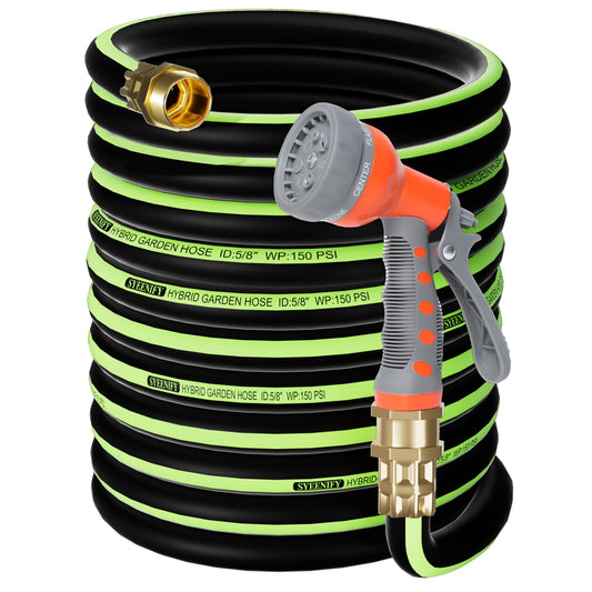 SYEENIFY Kink Free Garden Hose 100ft 5/8", Heavy Duty Hybrid Water Hose, Ultra Durable Flexible Rubber Hose with Sprayer Nozzle,Leakproof Yard Outdoor Hose with Brass Solid Connector