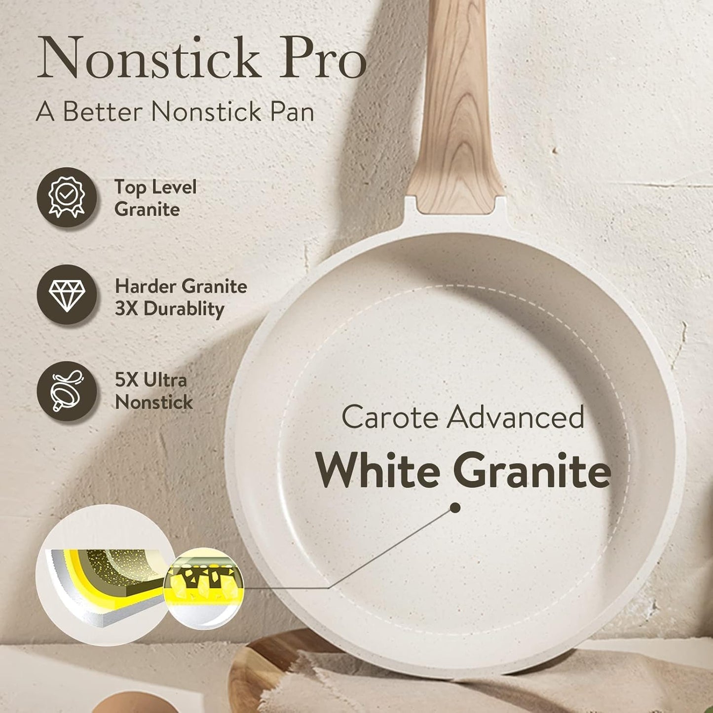 CAROTE Non Stick Frying Pan Skillet,10" Nonstick Fry Pan with Glass Lid, Egg Pan Omelet Pans, Granite Cookware PFOA Free White Granite, 10-Inch