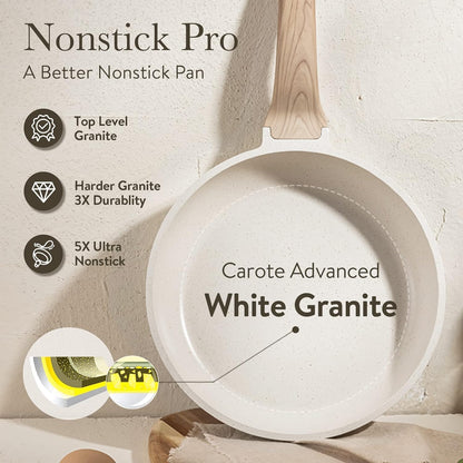 CAROTE Non Stick Frying Pan Skillet,10" Nonstick Fry Pan with Glass Lid, Egg Pan Omelet Pans, Granite Cookware PFOA Free White Granite, 10-Inch