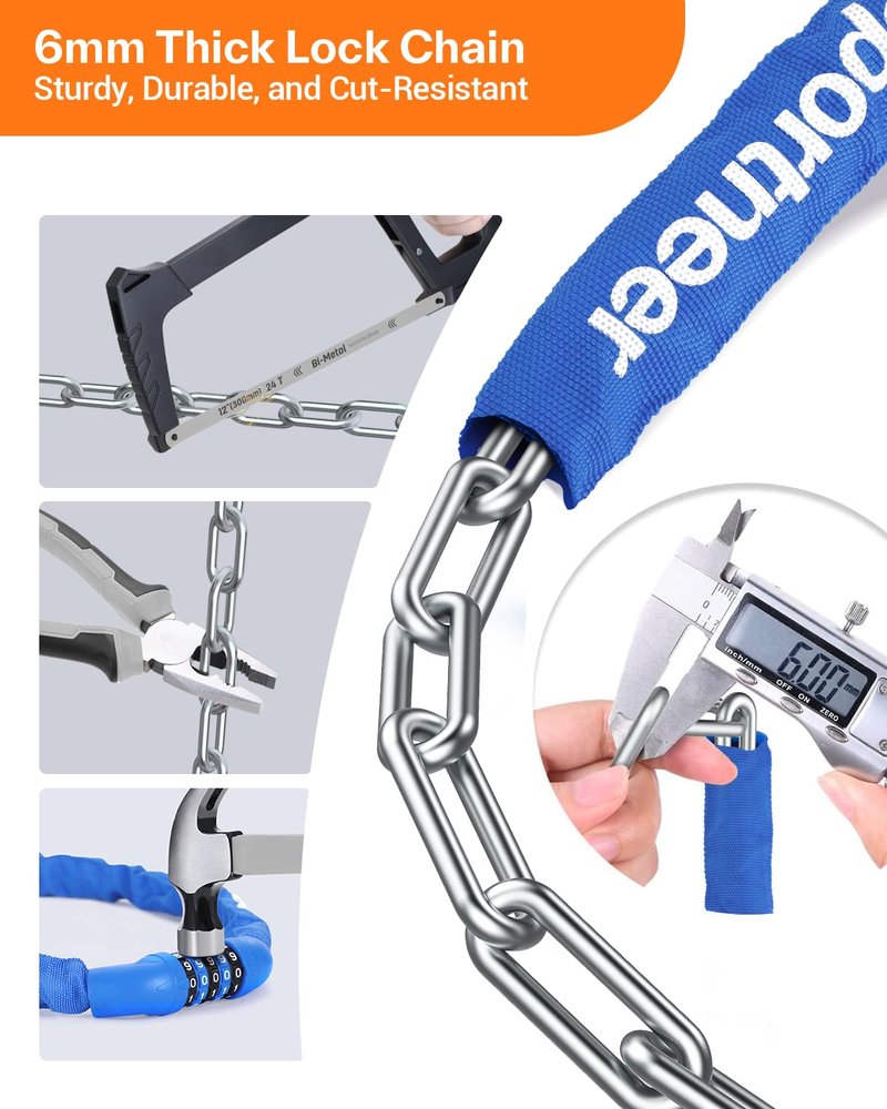 Sportneer Bike Lock: 5 Digit Combination High Security Anti Theft Bike Chain Lock - 3.2/3.6/4ft Heavy Duty Resettable Keyless Bicycle Lock for Bike, Motorcycle, Scooter, Door & Gate - 6mm Thick